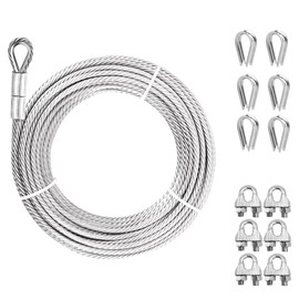 Wire Rope Cable 3/16", 7x19 Strand Aircraft Steel Cable with Loops, Sunwuk 10ft with 3800bls Breaking Strength Heavy Duty Wire with Clamp and Thimble, for Zipline, Fencing, Sunshade, Deck Railing