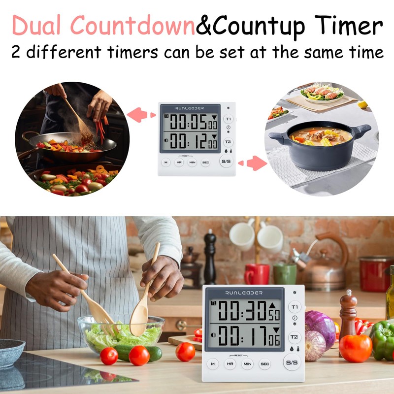 Jayron KT002A 2-Channel Kitchen Timer Magnetic Countdown Timer Clock Temperature
