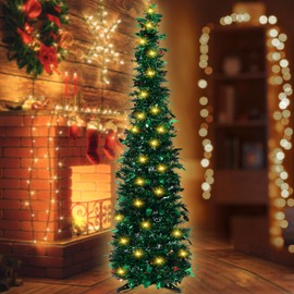 MUMTOP Pop Up Christmas Tree with Lights-Collapsible Christmas Tree - 5FT Pencil Tinsel Skinny Tree with Star Sequin for Indoor Outdoor Home Party Decor(Green)