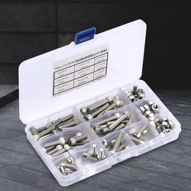 Tissting 90pcs 1/4-20UNC Hex Socket Cap Head Bolts, Stainless Steel