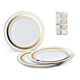 " OCCASIONS" 60 Plates Pack, Heavyweight Disposable Wedding Party Plastic Plates (6.25'' Dessert/Bread Plate, Soleil White & Gold)
