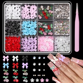 3D Bow Nail Charms and Rhinestones, Color Acrylic 3D Nail Bows Cherry Nail Charms, Bows Blossom Flowers Nail Charms and Gems for Acrylic Nails Y2K DIY Nail Art Accessories