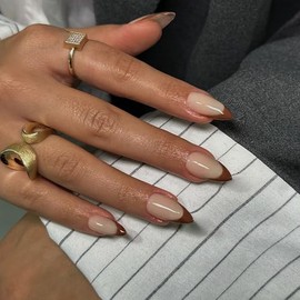 SXVME 30Pcs Brown French Tip Press On Uñas Cortas de Almendra, Uñas Postizas Cortas En Forma de Almendra, Uñas Acrílicas En Forma de Almendra, Pegamen
