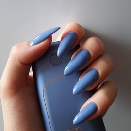 Press On Nails Almond on 24PCs，Glue on Nails Stick on Nails Fake Nails，Alomnd Medium Shape Solid Dark Color False Nails (Sky Blue, Almond)