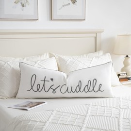Sunkifover Let's Cuddle Lumbar Pillow Cover - 14x36 Inch Cotton Embroidery Decorative Pillowcase for Bed, Bedroom, Living Room - White and Grey Rectangular Quote Design