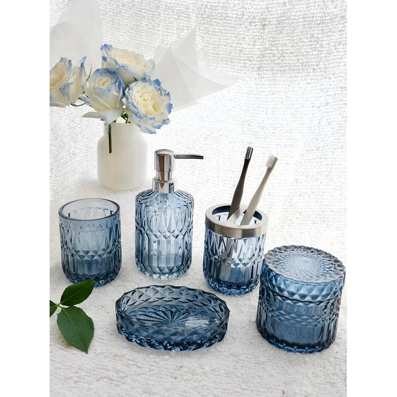 LaMarriti Blue Bathroom Accessories Set, 5Pcs Clear Glass Bathroom Accessories,