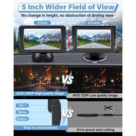 AHD 1080P: Reversing Camera Car 5 Inch Reversing Camera with Monitor, No Drilling, IP69 Waterproof Car Reversing Camera for Night Vision, SUV/Pickups/Motorhome, DC 12 V, Plug and Play, Easy