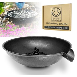 U-nitt 12" Spill Bowl Downspout Catch Basin for Rain Chain Anchoring & Stake | Rainwater Collection for Roof |Gutter Catch Basin | Good for Water Fountain & Birdbath | Black | Handles Heavy Rain