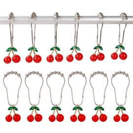 Cherry Decorative Shower Curtain Hooks, Set of 12 Metal Stainless Steel Rust Resistant Shower Rings, Metal Stainless Steel Rust Resistant Rings with Cherry Pendant Perfect Combination