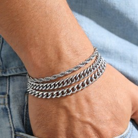 NUKAYAI Stainless Steel Bracelets for Men, Stainless Steel Bracelet Mens Set 7.5 Inches 3 Pcs Chain Cuban Link Heavy Metal Bracelets Sterling Silver Bracelet for Men Him