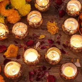 Volens Round Gold Votive Candle Holders, Mercury Glass Candle Holder Set of 12, Diwali Decorations for Home
