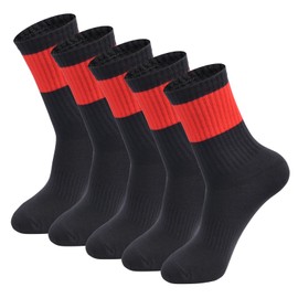 Men's Boy's 5 Pairs Anti Odor Stink Resist Breathable Crew Mid Calf Casual Workout Socks,Black with Red, Size 7-12
