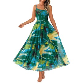 BTFBM Women Summer Floral Maxi Dresses Elegant Spaghetti Strap Dress Printed Party Dress Beach Long Dresses(Green Big Floral,Medium)