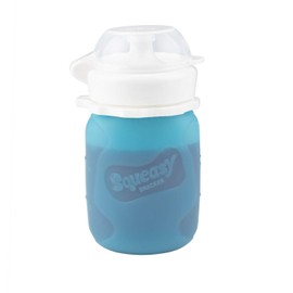 Squeasy Gear Mini Squeasy Snacker, 100 ml blau – wiederverwendbare Quetschflasche, Quetschbeutel aus weichem Silikon für selbstgemachte Smoothies, Babybrot, Fruchtmus, Joghurt, auslaufsicher, BPA-frei