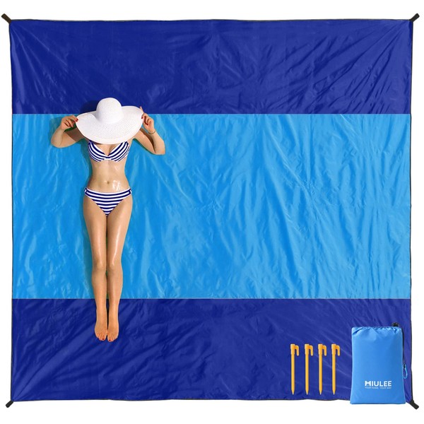 MIULEE Beach Blanket Beach Mat Extra Large 280 x 290cm Waterproof Sandproof Picnic Blanket Sand Free Water Resistant Oversize with 4 Fixed Nails for Beach Travel Camping Hiking Picnic Blue-mixed