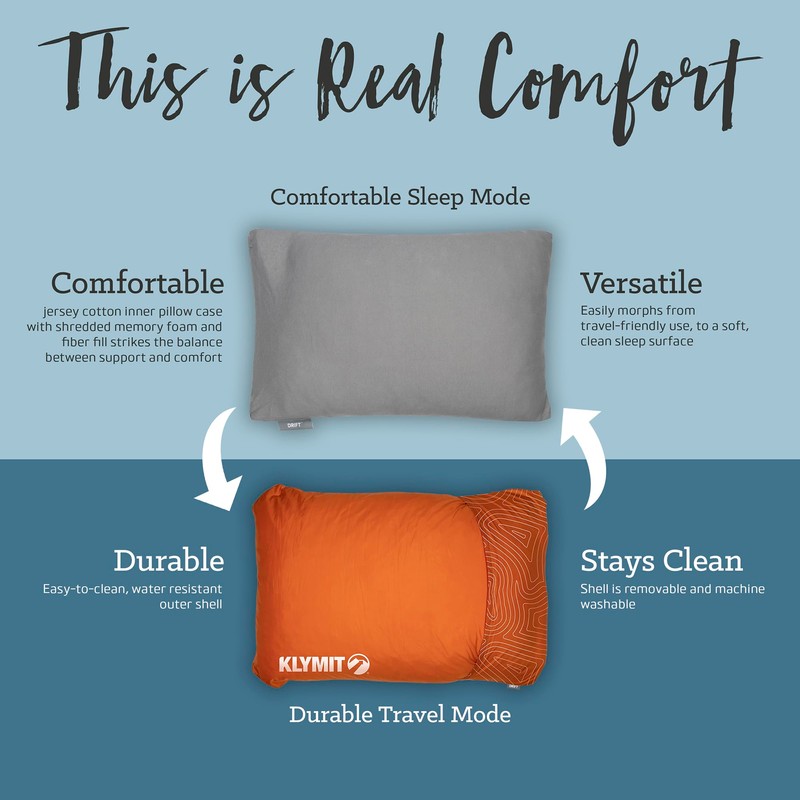 Klymit Drift Camping Pillow, Shredded Memory Foam Travel Pillow with