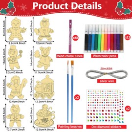 gisgfim 16 Pack Christmas Gingerbread Man Wind Chime Kits Crafts for Kids Make Your Own Wind Chime Wooden DIY Coloring Art Craft for Xmas Party School Classroom Decorations Supplies Birthday Favors
