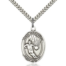 Bonyak Jewelry Saint Medal Collection Sterling Silver St. Sebastian/Basketball Pendant 1 x 3/4 inches with Heavy Curb Chain