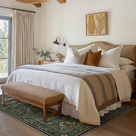 Bavni Floral Dark Green Area Rugs 5x7, Vintage Boho Carpet Machine Washable, Non Slip Soft Low Pile Thin Rug for Bedroom, Living Room, Dining Room, Nursery