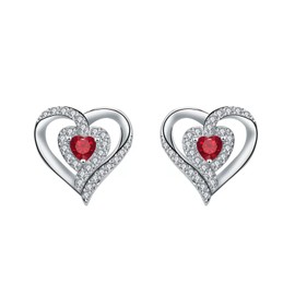 Silver Stud Earrings for Women Girls, Dainty White Gold Heart Garnet Cubic Zirconia Stud Silver Earring Jewellery Gift for Mum Wife Her Birthday Mother's Day Valentines Day Christmas