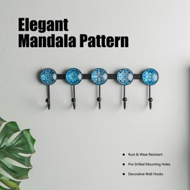 Banllis Boho Coat Rack Wall Mounted with 5 Hooks, Glacier Theme Mandala Pattern Decorative Wall Hooks for Hanging Hat, Key, Towel, Purse, Bag, and Robe - for Entryway, Bathroom, and Bedroom