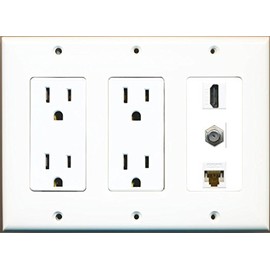 RiteAV 15 Amp Duplex Power Outlets (x2) and 1 HDMI Cat6 Coax Wall Plate White