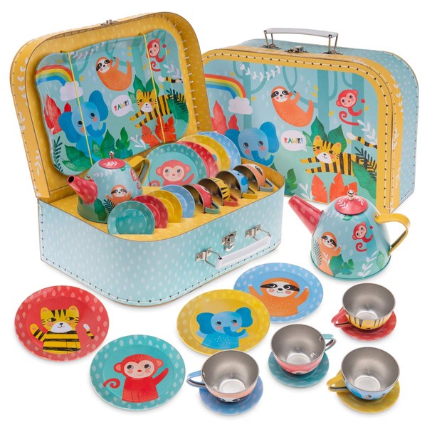 Jewelkeeper 15 Piece Kids Pretend Toy Tin Tea Set & Carrying Case - Jungle Design