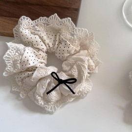 Shefun Chou Ribbon Adult Bowknot Beige Lace Scrunchie Set of 2 Adults Hair Elastic Silk Rubber Stylish Volume Women's Hair Ornaments Hair Accessory Hair Scrunchie JP315 (Beige-B Half Black Dots)