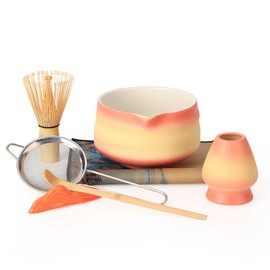 VONAHAST Matcha Bowl and Whisk Set - 7-Piece Kit Bamboo Matcha Whisk (Chasen), Ceramic Chawan, Sifter & Holder - All-in-One Matcha Making Kit Orange
