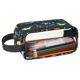 Bagseri Clear Pencil Pouch for Kids - Large Pencil Case for Boys with Handle Transparent Cute Big Pencil Pouches Zipper Pencil Bags for School (Black Dinasour)