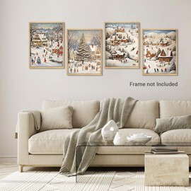 SIGNWIN Poster Set Vintage Winter Village Nostalgic Christmas Scenes Illustrations Modern Art Decorative Minimalist Multicolor for Bedroom - 8"x10"x 4