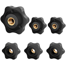 Jeboler 6Pcs M6 Star Clamping Nuts, 38mm Diameter, M6 Thread, Plastic & Brass Material, Black, Star Handle, Fully Threaded, ISO Metric