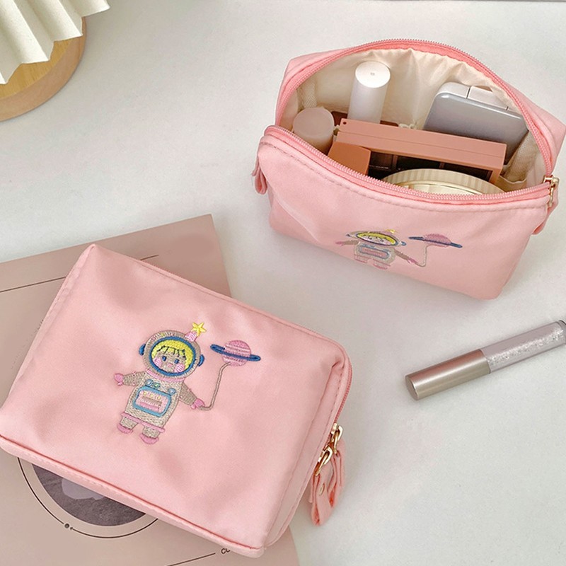 Spaceman Embroidered Mini Makeup Bag Zipper Closure Multi Compartment Travel