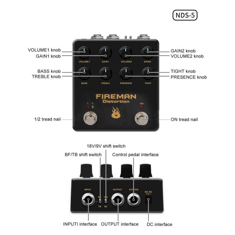 Distortion Effect Pedal 2 Channel Electric Guitar Accessories NDS‑5 with