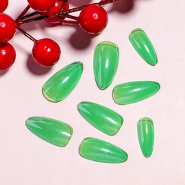 24 Pcs Almond Press on Nails Medium Almond Shaped Acrylic Nails with Magic Mirror Glaze Surface Designs Transparent Green Fake Nails Glossy False Nails Stick on Nails for Women Girls