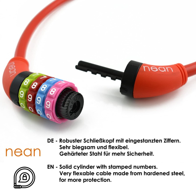 Nean children's-bicycle-cable-lock, number code combination lock in colourful design, 10