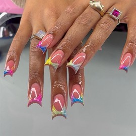 24Pcs Colorful French Press on Nails Short Duck Fake Nails Gradient Nails Press ons with Colorful Ombre Designs Glossy False Nails Full Cover Acrylic Nails Nude Glue on Nails for Women