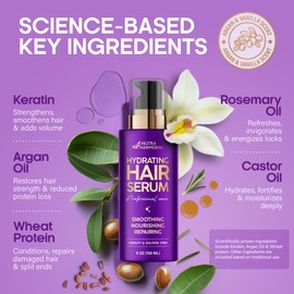 Hydrating Hair Serum for Frizzy and Damaged Hair - Keratin Hair Treatment for Dry Damaged Hair w/ Biotin, Castor Oil, Rosemary Oil, Hair Heat Protectant & Anti Frizz Hair Serum For Frizzy Hair, 5 Oz