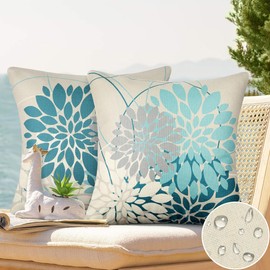DecorMommt Outdoor Cushion Weatherproof Cushion Cover 40 x 40 cm Dahlia Decorative Cushion Covers Modern Linen Sofa Cushion Summer Flowers Cushion Covers Square for Home Cafe Garden Living Room Sofa