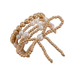 Bow Gold Beaded Bracelets Layered Pearl Stretch Bracelets Set for Women Heart Simulated Pearl Stackable Elastic Bracelets Chunky Bowknot Adjustable Multilayer Bangles Wedding Jewelry﻿-Style 1