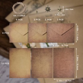 SAVITA Antique Envelopes and Paper Set - 6.4x4.5inch Ancient Retro Envelopes, Papers, Hemp Ropes, Decorative Charms - Aged Writing Set (Style 2)