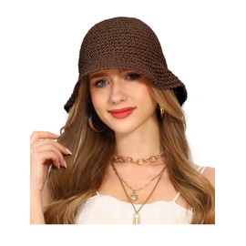 Rulala Fancy Womens Sun Hat Handmade Straw Bucket UV Protection Wide Brim Packable Travel Beach Cap for Summer UPF 50+(Coffee)
