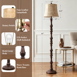 Vintage 64” Tall Floor Lamp for Living Room Bedroom, Retro Resin Carved Standing Lamp with Faux Leather Shade, Rotary Switch Rustic Corner Light for Home Decor