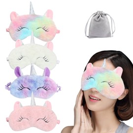 4 Pcs Cute Sleep Mask, Unicorn Cartoon Eye Mask for Travel Nap Sleep Lunch Break Overnight Party, Soft Plush Blindfold Eye Covers for Women Girls Kids