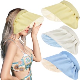 Tigeen 3 Pcs Sun Visor Hat for Women Large Wide Brim Cap 2 in 1 Visor Cap Shell UV Protection Summer Foldable Hat (Yellow, Beige, Blue)