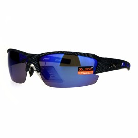 Xloop Mens Sports Sunglasses Half Rim Wrap Matted Black Silver Print UV 400 - Blue (Blue Mirror)