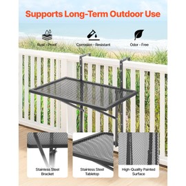 VEVOR Balcony Hanging Table, 24 x 16 inch Metal Folding Balcony Railing Table, Outdoor Balcony Bar Table for Railings, 5-Level Adjustable, Fit Railing from 1" to 4.7", Serving Table for Patio & Deck
