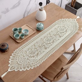 2Pcs Lace Table Runners with Tassels, Farmhouse Boho Doily Vintage Floral Dollies for Tables Dresser Nightstand Decor, Beige(13"x45")