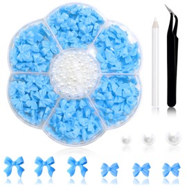 300Pcs Bow Nail Charms and Flatback Pearls,Blue Bowknot 3D Cute Nail Charms for Acrylic Nail Supplies Design,3-5mm White Half Pearls for Nail Jewelry DIY Crafts Nail Art Decoration Accessories