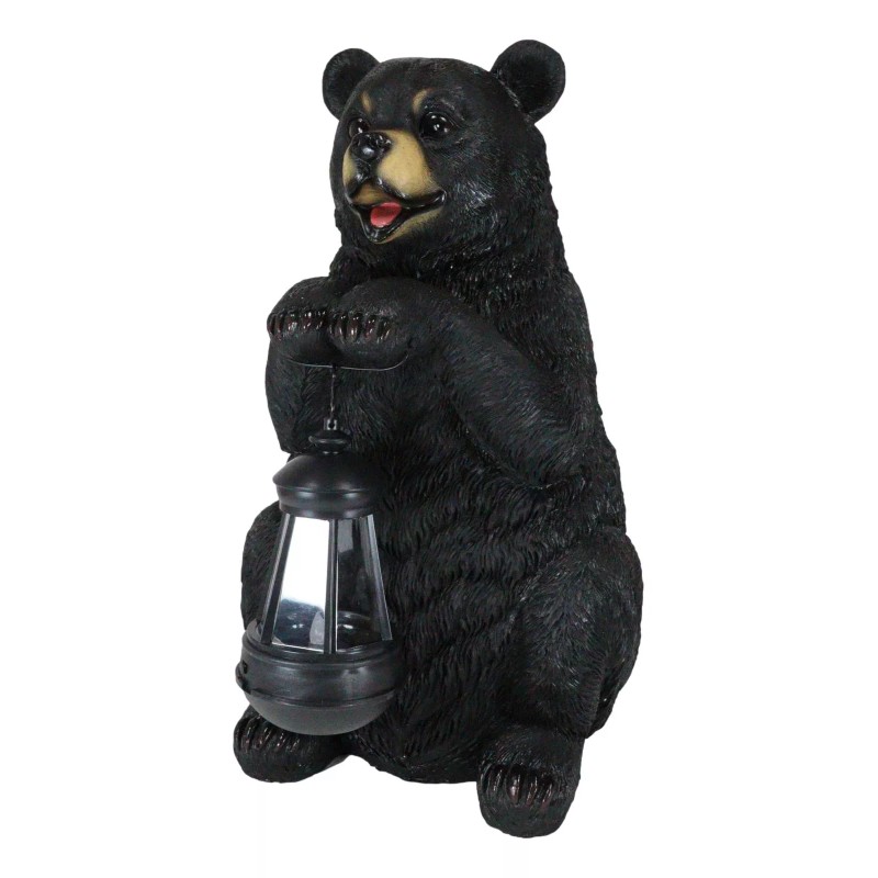 Rustic Garden Cute Black Bear Holding Solar Lantern Path Light